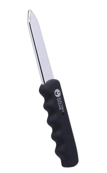 Electro Shank device with sleek metallic blade and ergonomic black handle for controlled electro play stimulation.