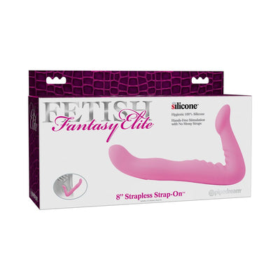 Packaging of Fetish Fantasy Elite 8-inch pink strapless silicone strap-on with ergonomic design for hands-free use.