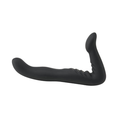 Black ergonomic strapless double-ended silicone dildo with curved design for hands-free use.