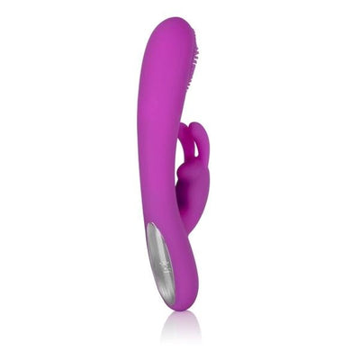 Purple silicone dual massager with textured tip and rabbit stimulator, sleek ergonomic design with silver accent panel.