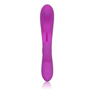 Purple silicone massaging rabbit with textured tip and dual motors, featuring easy push button controls and a sleek design.