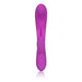 Purple silicone massaging rabbit with textured tip and dual motors, featuring easy push button controls and a sleek design.