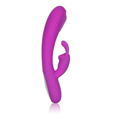 Purple silicone dual massager with textured tip and curved stimulator arm, ergonomic design with easy control buttons.