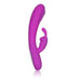 Purple silicone dual massager with textured tip and curved stimulator arm, ergonomic design with easy control buttons.