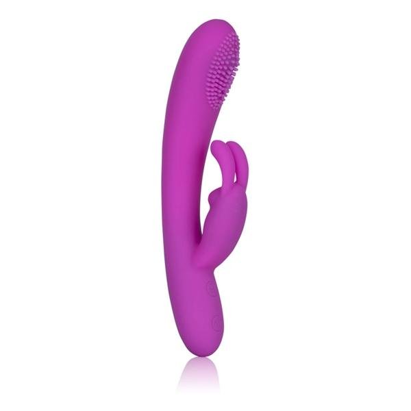 Purple silicone dual massager with textured tip and rabbit-shaped stimulator, featuring ergonomic design and control buttons.
