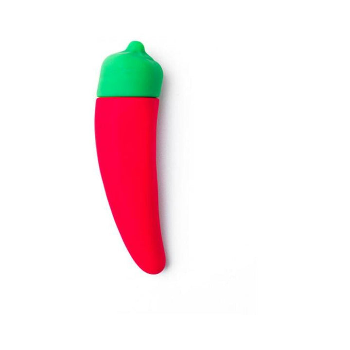 Red and green chili pepper-shaped silicone vibrator with a flexible tip on a white background.
