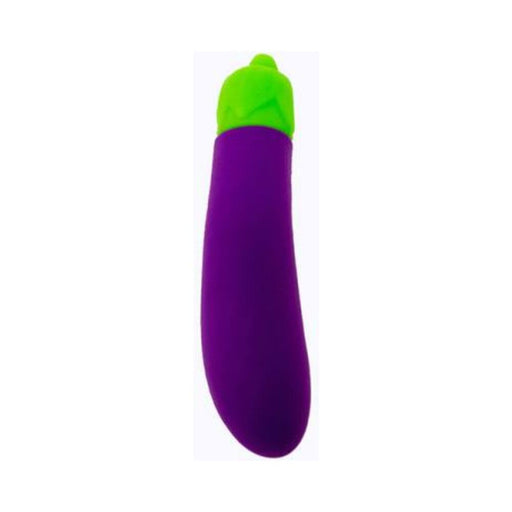 Purple and green eggplant-shaped silicone vibrator with smooth texture and rounded tip.