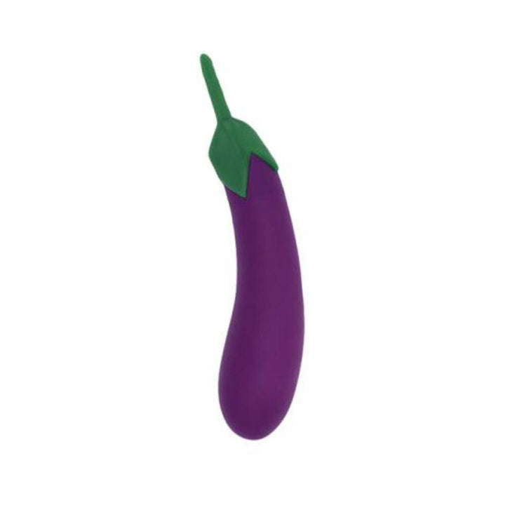 Purple eggplant-shaped vibrator with green stem detail, designed for playful and discreet pleasure.