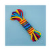 Coiled rainbow-colored bamboo silk bondage rope with vibrant stripes on a light blue background.