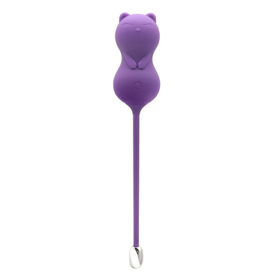 Purple cat-shaped Kegel ball vibrator with long tail and silver tip, designed for discreet pleasure and remote control use.