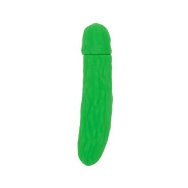 Compact green silicone vibrator shaped like a pickle with textured surface and rounded tip.