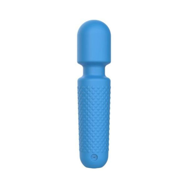 Compact blue wand vibrator with textured grip and rounded head, designed for discreet and versatile use.