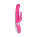 Pink dual motor massager with textured shaft and rabbit-shaped clitoral stimulator, featuring control buttons and silver accents.