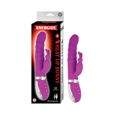 Purple dual motor rabbit vibrator with textured shaft and ergonomic handle, shown with packaging box.