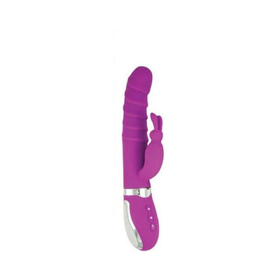 Purple dual motor massager with textured shaft and rabbit-shaped clitoral stimulator, featuring control buttons on the handle.