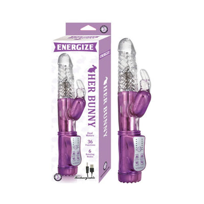 Purple dual motor rabbit vibrator with textured shaft and control panel, shown with packaging and USB charging cable.
