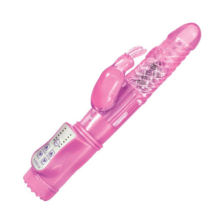 Purple dual-motor rabbit vibrator with textured shaft and control panel for customizable pleasure settings.