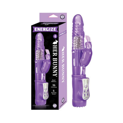 Purple dual-motor rabbit vibrator with textured shaft and control panel, displayed next to its matching packaging box.