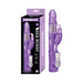 Purple dual-motor rabbit vibrator with textured shaft and control panel, displayed next to its matching packaging box.