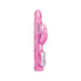 Pink dual-motor rabbit vibrator with textured shaft and control panel on handle.