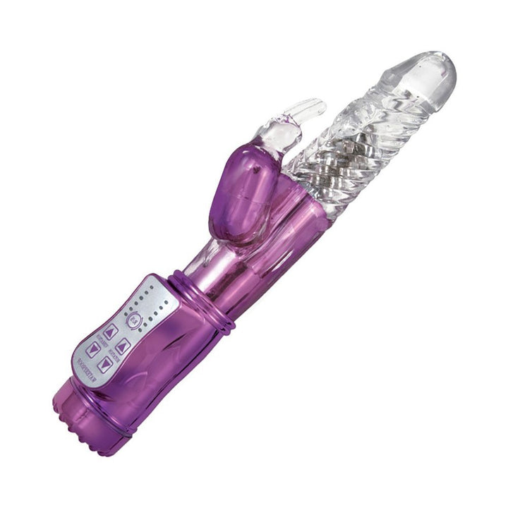 Purple and clear dual-motor rabbit vibrator with textured shaft and control buttons on the handle.