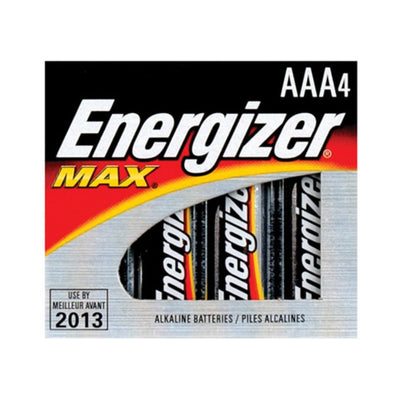 Pack of four Energizer Max AAA alkaline batteries in branded packaging with black, red, and yellow design.
