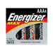 Pack of four Energizer Max AAA alkaline batteries in branded packaging with black, red, and yellow design.