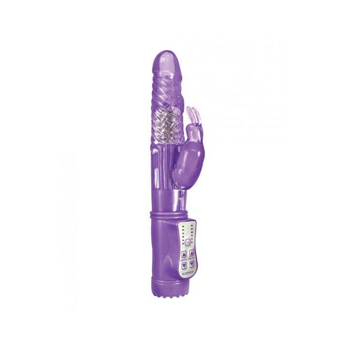 Purple dual-motor rabbit vibrator with textured shaft, clitoral stimulator, and control panel on handle.