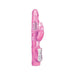 Pink rechargeable rabbit vibrator with textured shaft, dual motors, and control panel for multiple settings.