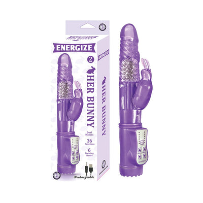 Purple rechargeable rabbit vibrator with dual motors and control panel, shown with packaging and USB charging cable.