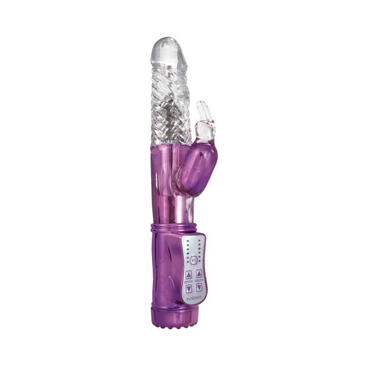Pink and clear dual-motor rabbit vibrator with textured shaft and control panel on handle.