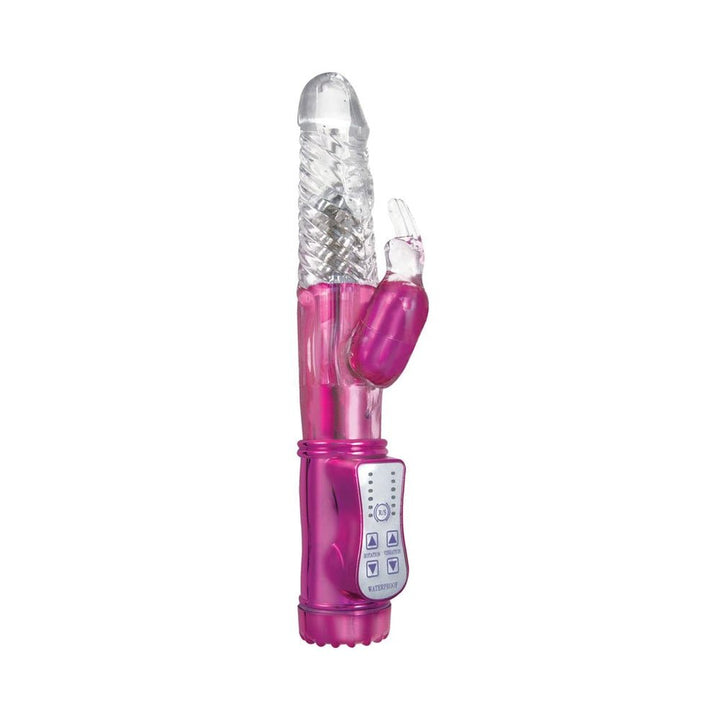 Pink and clear dual-motor rabbit vibrator with textured shaft and control panel on handle against white background