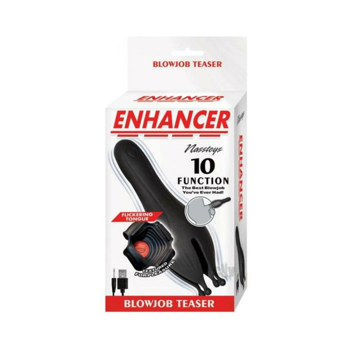 Black Enhancer Blow Job Teaser with flickering tongue and textured sleeve, USB rechargeable, displayed in white retail packaging.