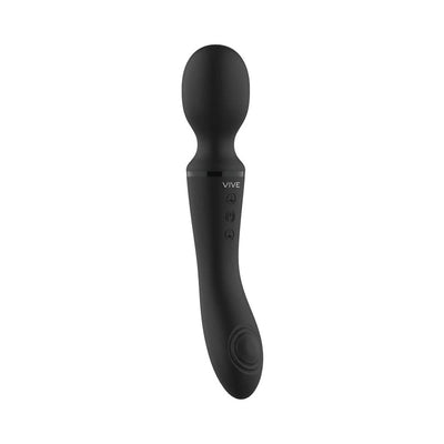 Sleek black rechargeable silicone wand vibrator with ergonomic handle and control buttons.