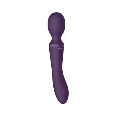 Purple rechargeable silicone wand massager with rounded head and ergonomic handle buttons