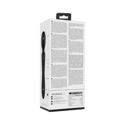 Packaging box of the Enora black rechargeable silicone pulse-wave wand and vibrator with product details and usage instructions.