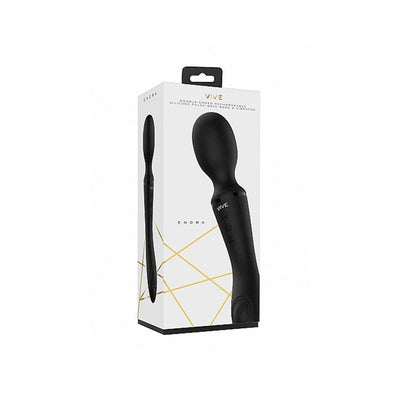 Black double-ended rechargeable silicone pulse-wave wand and vibrator with ergonomic handle shown in packaging box.