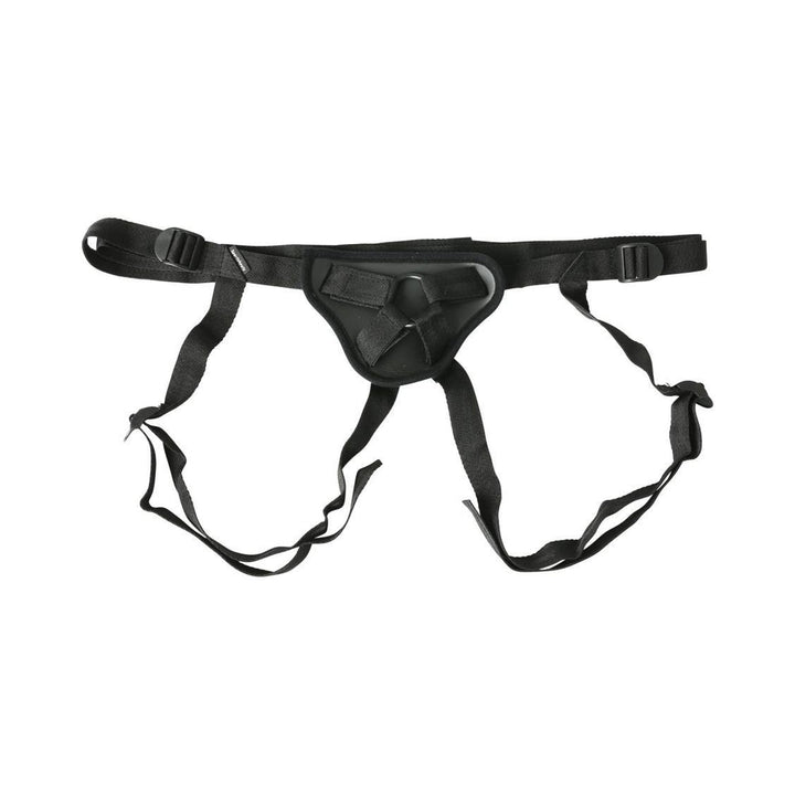Black adjustable entry-level strap-on harness with multiple straps and a central O-ring for attachments.