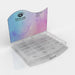 Clear acrylic counter display with pastel blue and purple backdrop for showcasing Eye of Love 10ml fragrance bottles.