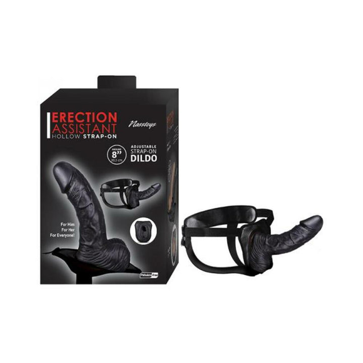 Black adjustable hollow strap-on with 8-inch realistic dildo and comfortable harness shown with packaging box.