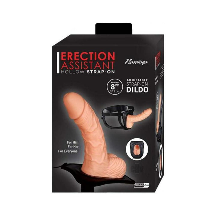 Packaging of Erection Assistant Hollow Strap-On with adjustable black harness and realistic 8-inch dildo in flesh tone.