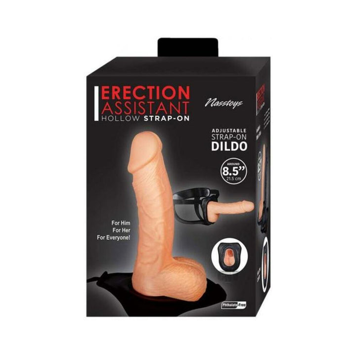 Packaging of Erection Assista Hollow Strap-On with adjustable black straps and realistic 8.5-inch dildo.