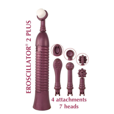 Eroscillator 2 Plus clitoral stimulator in purple with four interchangeable textured attachments and seven heads displayed.