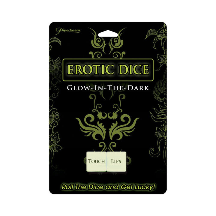 Glow in the dark erotic dice set with playful commands and body parts on black decorative packaging.