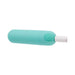 Teal rechargeable vibrating bullet with power button and USB charging cord connected on white background.
