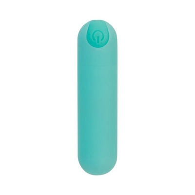 Teal rechargeable vibrating bullet with smooth matte finish and power button on top.