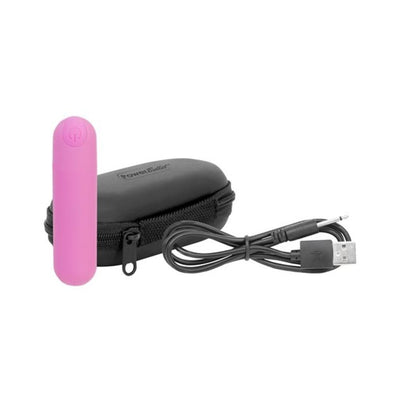 Pink Essential Powerbullet vibrator with black zippered storage case and USB charging cable on white background.
