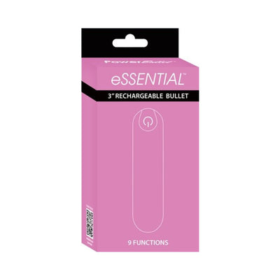 Packaging box of the Essential Powerbullet 3-inch rechargeable bullet vibrator with 9 functions in pink and black design.