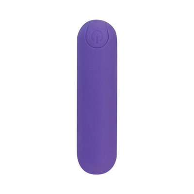Compact purple rechargeable vibrating bullet with a smooth matte finish and power button on top.
