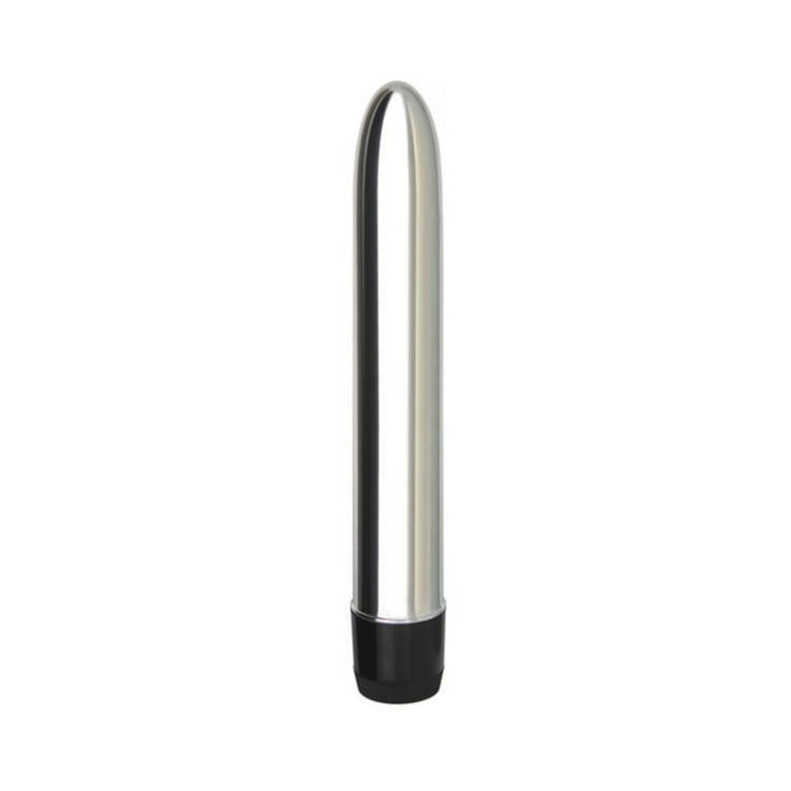 Sleek metallic 7-inch vibrator with smooth rounded tip and black twist base for adjustable intensity.